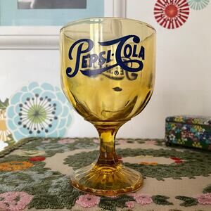 Vintage Pepsi Cola Goblet Glass, 1970s Amber Thumbprint Barware w Blue Logo